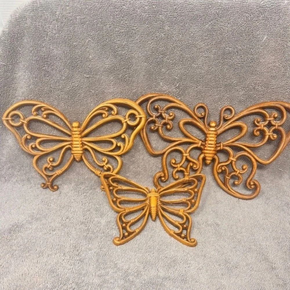 Vintage Burwood Products Butterfly Wall Decor Set of 3 Gold MCM 1970s USA Ratan